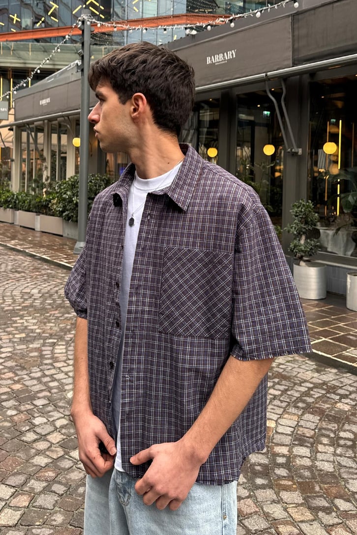 Ön Cep Detay Kısa Kollu Ekose Oversize Gömlek