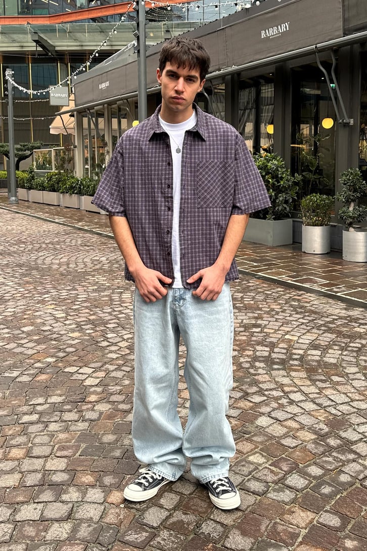 Ön Cep Detay Kısa Kollu Ekose Oversize Gömlek