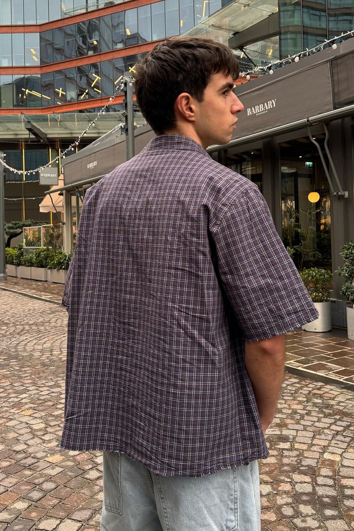 Ön Cep Detay Kısa Kollu Ekose Oversize Gömlek