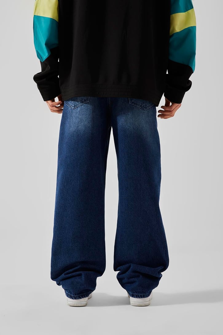 Ön Dikiş Detaylı Koyu Mavi Baggy Jean