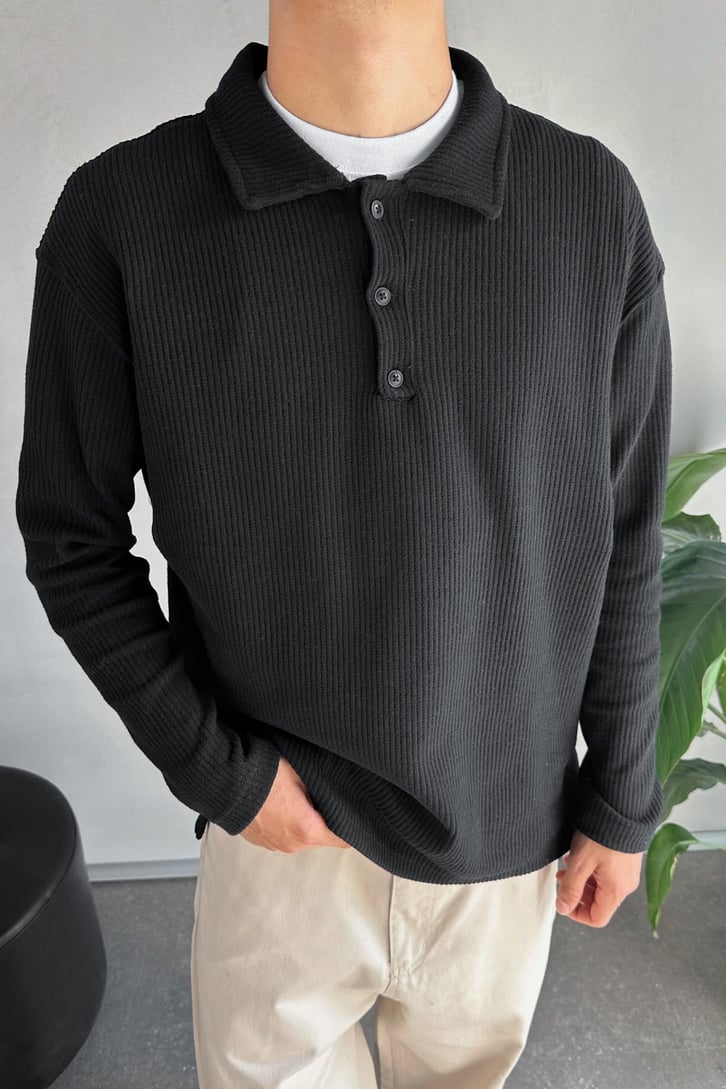 Ön Düğme Detaylı Siyah Oversize Polo Yaka Sweatshirt
