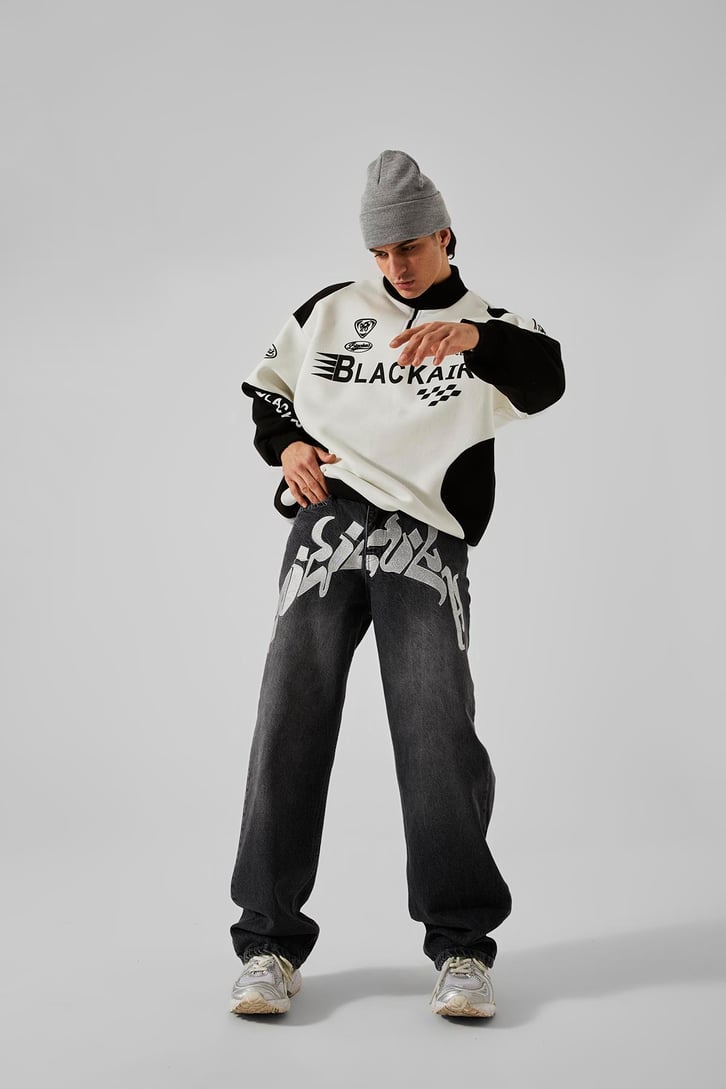 Ön Nakış Detaylı Acid Wash Baggy Jean