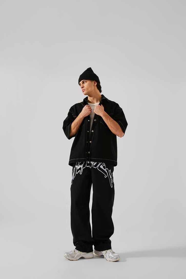 Ön Nakışlı Acid Wash Baggy Jean