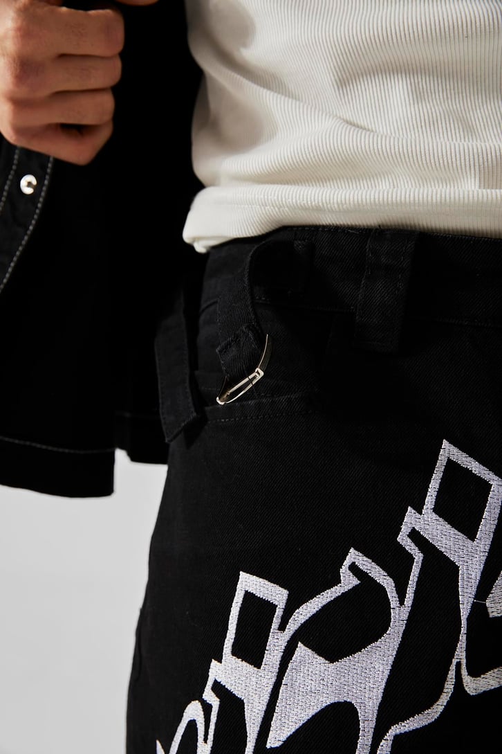 Ön Nakışlı Acid Wash Baggy Jean