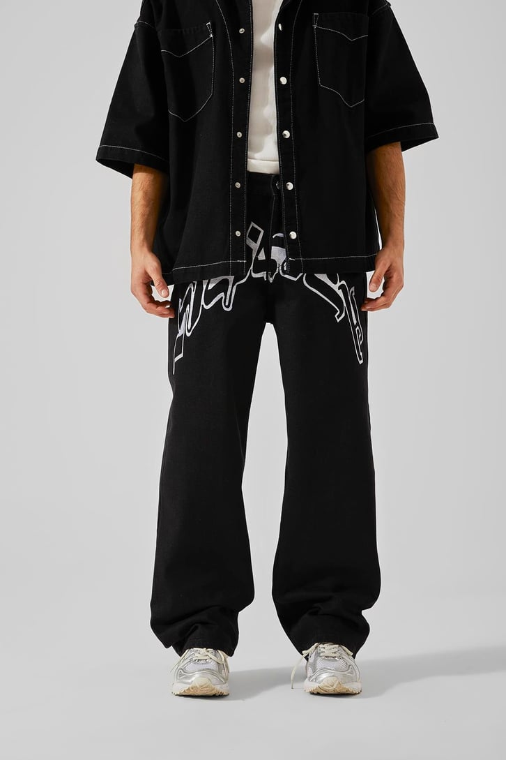 Ön Nakışlı Acid Wash Baggy Jean
