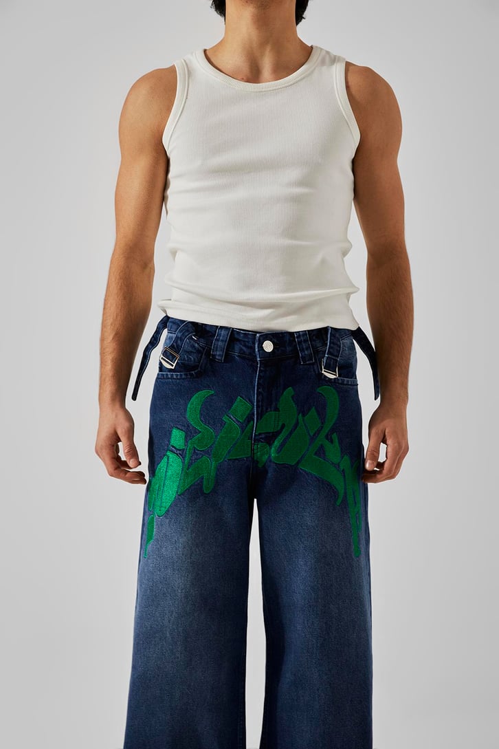 Ön Nakışlı Koyu Mavi Baggy Jean