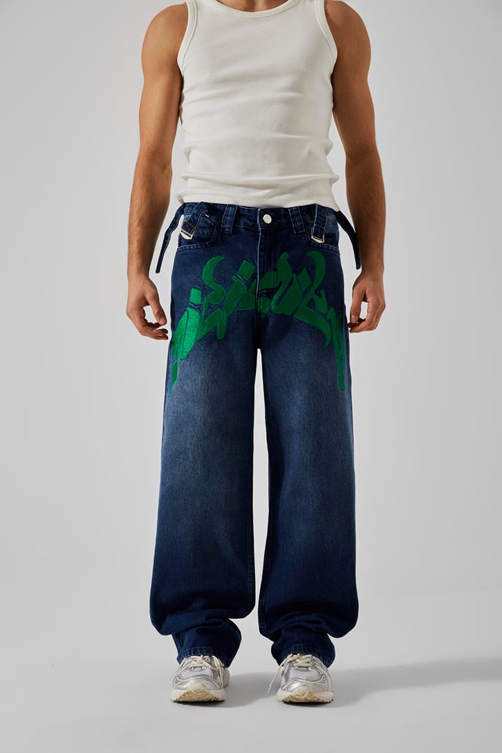 Ön Nakışlı Koyu Mavi Baggy Jean