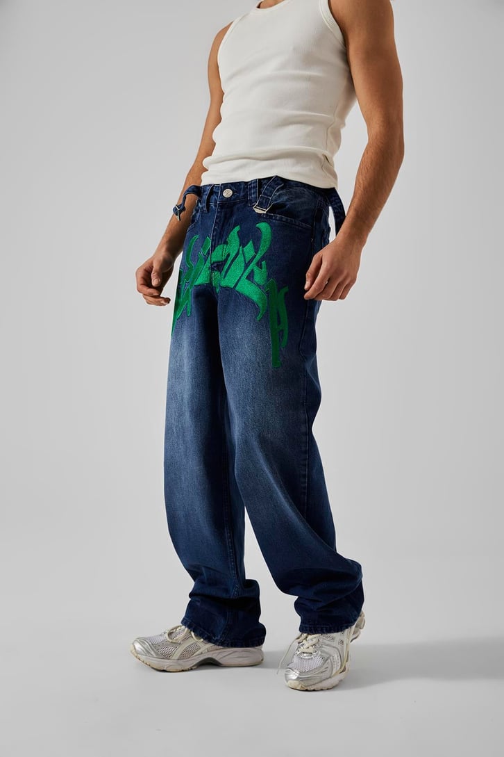 Ön Nakışlı Koyu Mavi Baggy Jean