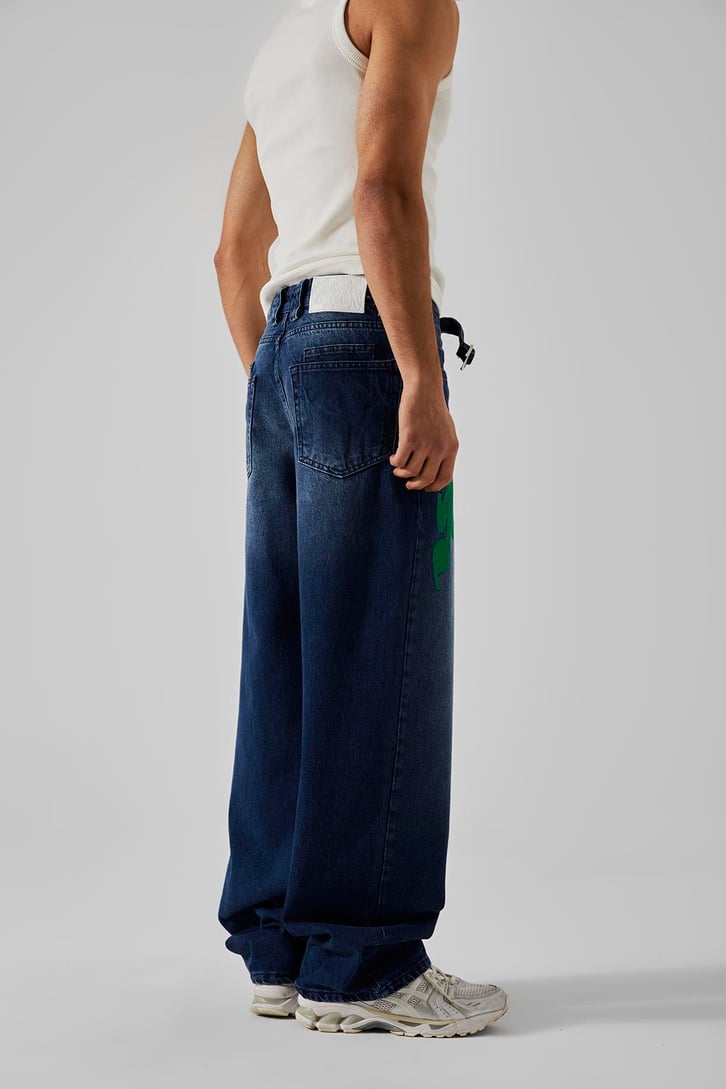 Ön Nakışlı Koyu Mavi Baggy Jean