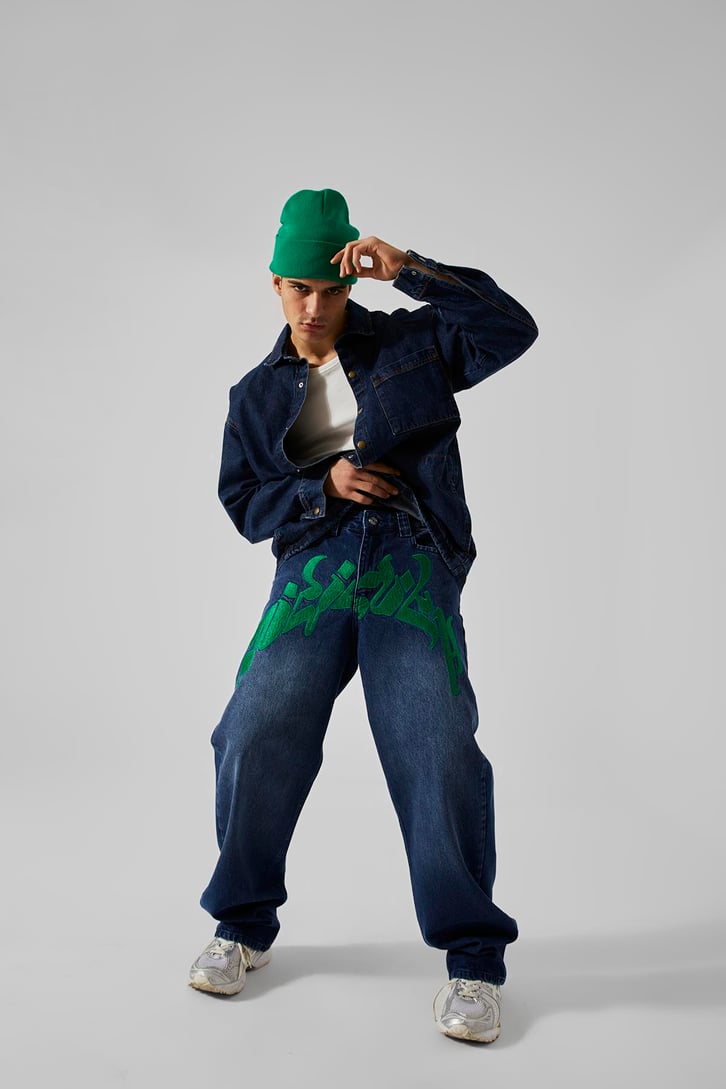 Ön Nakışlı Koyu Mavi Baggy Jean