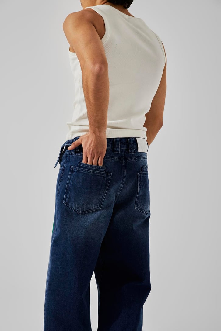 Ön Nakışlı Koyu Mavi Baggy Jean