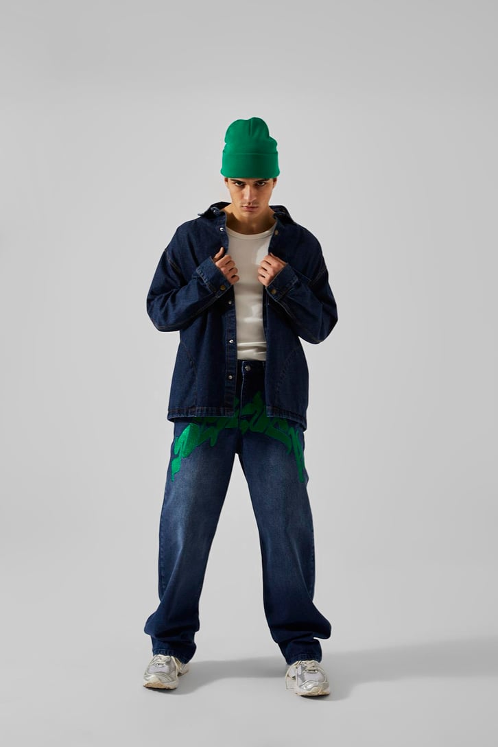 Ön Nakışlı Koyu Mavi Baggy Jean