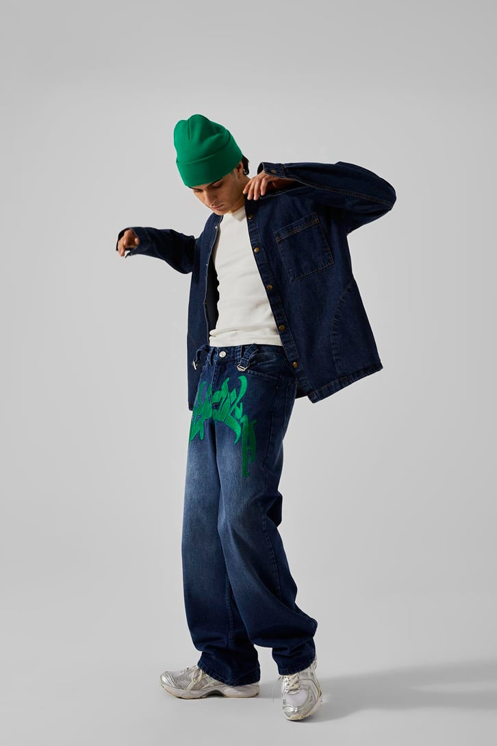 Ön Nakışlı Koyu Mavi Baggy Jean