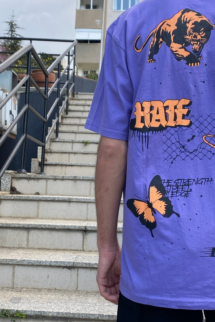 Orange Trip Baskılı Mor Oversize