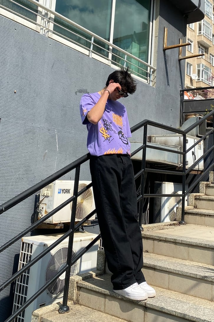 Orange Trip Baskılı Mor Oversize