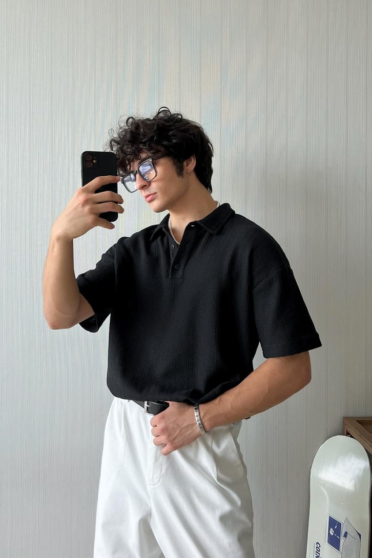 Örgü Dokulu Oversize Polo Yaka Tişört