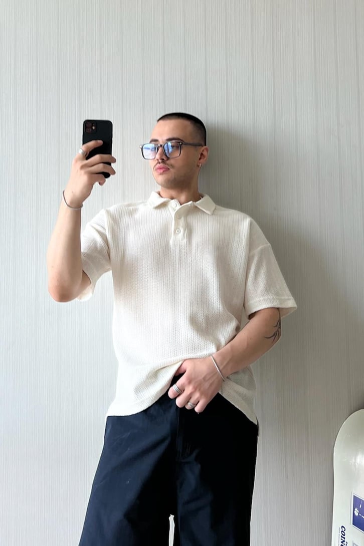 Örgü Dokulu Oversize Polo Yaka Tişört
