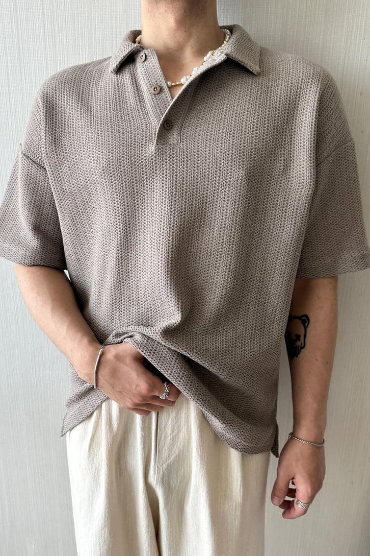 Örgü Dokulu Oversize Polo Yaka Tişört