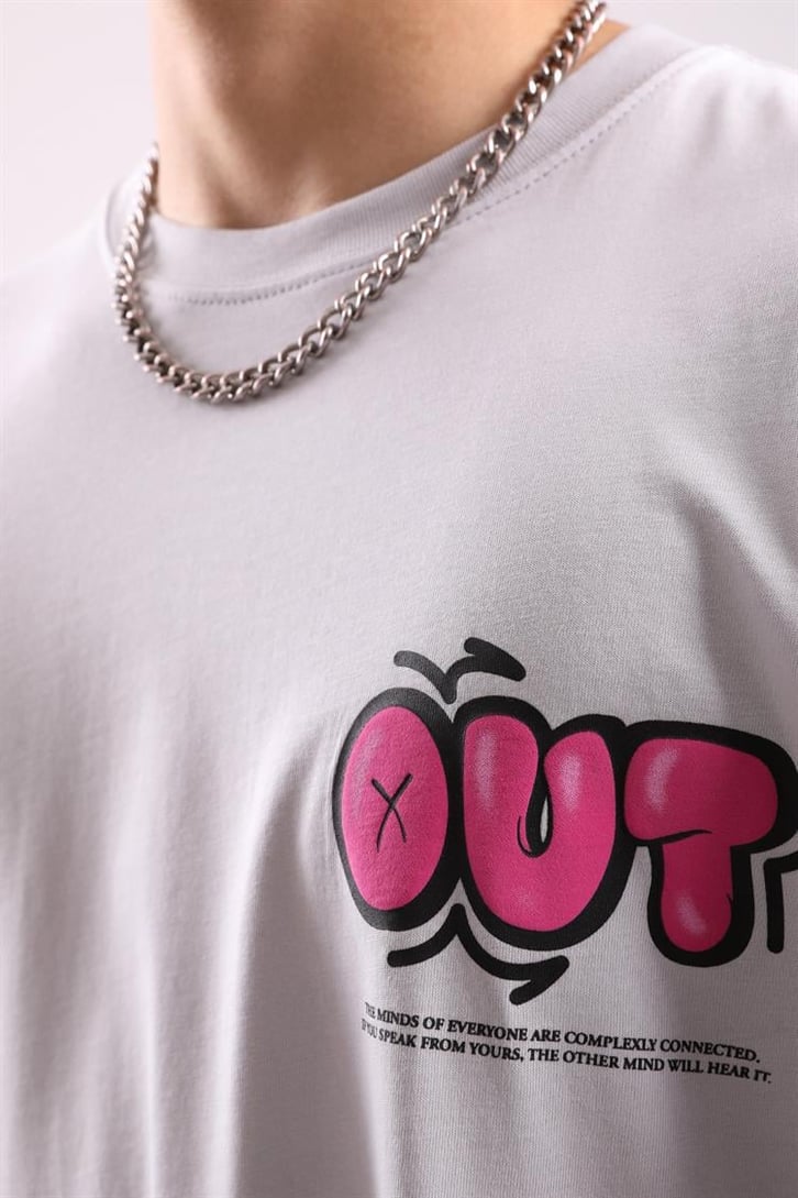 Out of Mind Baskılı Buz Gri Oversize Tişört