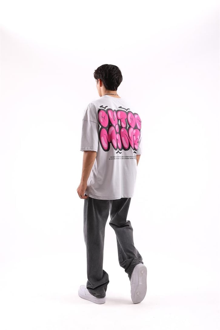 Out of Mind Baskılı Buz Gri Oversize Tişört