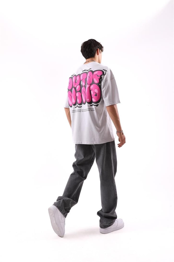 Out of Mind Baskılı Buz Gri Oversize Tişört