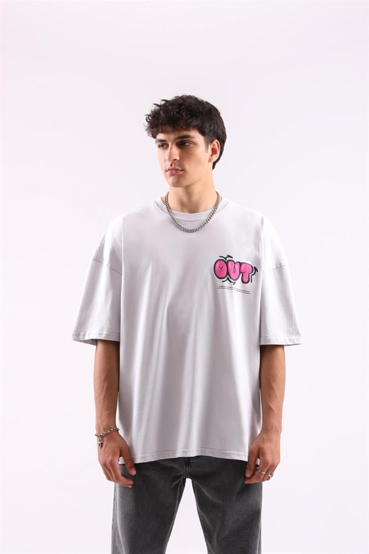 Out of Mind Baskılı Buz Gri Oversize Tişört