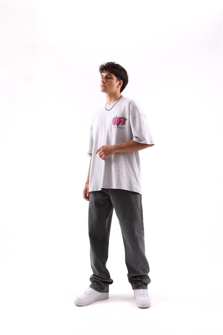 Out of Mind Baskılı Buz Gri Oversize Tişört