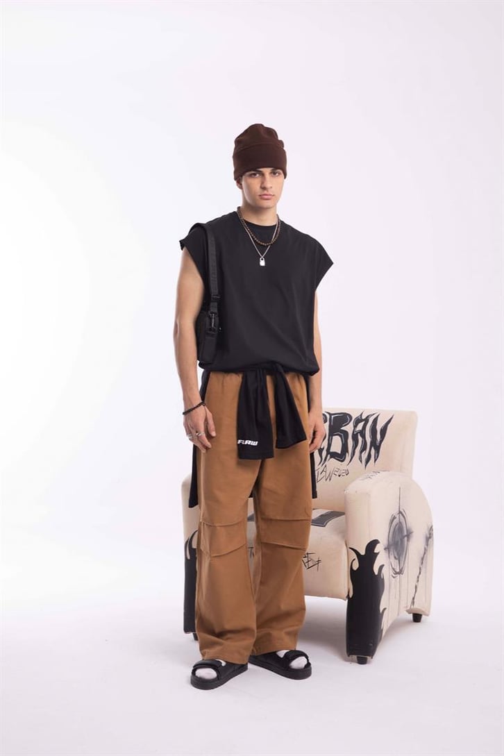 Paça İp Detaylı Hardal Baggy Pantolon