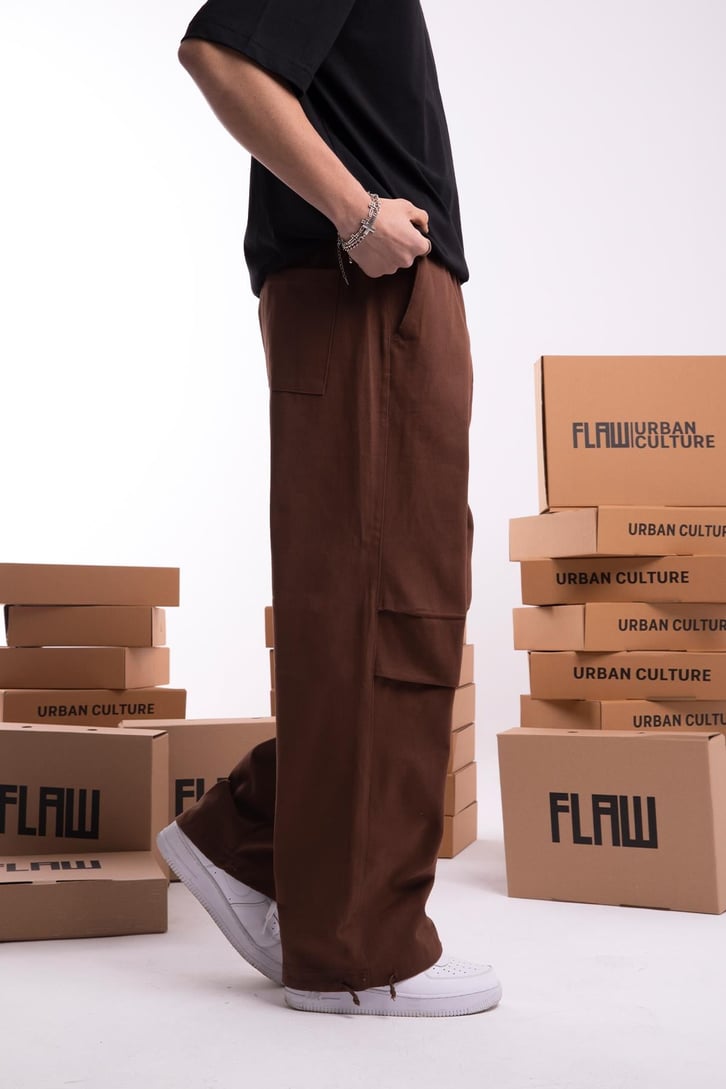 Paça İp Detaylı Kahverengi Baggy Pantolon