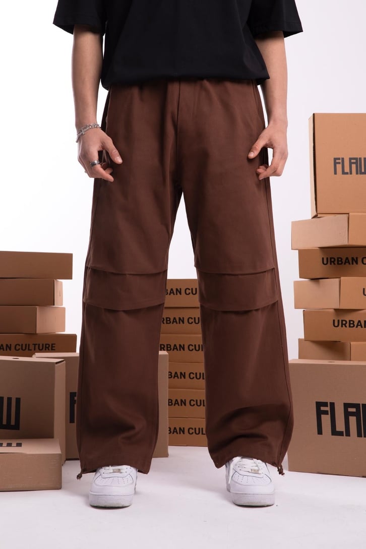Paça İp Detaylı Kahverengi Baggy Pantolon