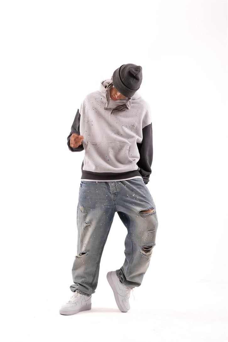 Paint Detail Gri Oversize Hoodie
