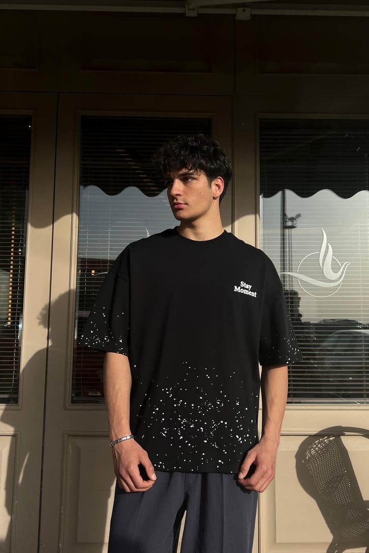 Paint Splatter Siyah Oversize Tişört
