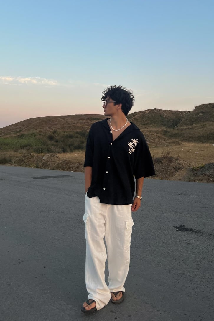 Palm Nakışlı Keten Kısa Kol Oversize Gömlek