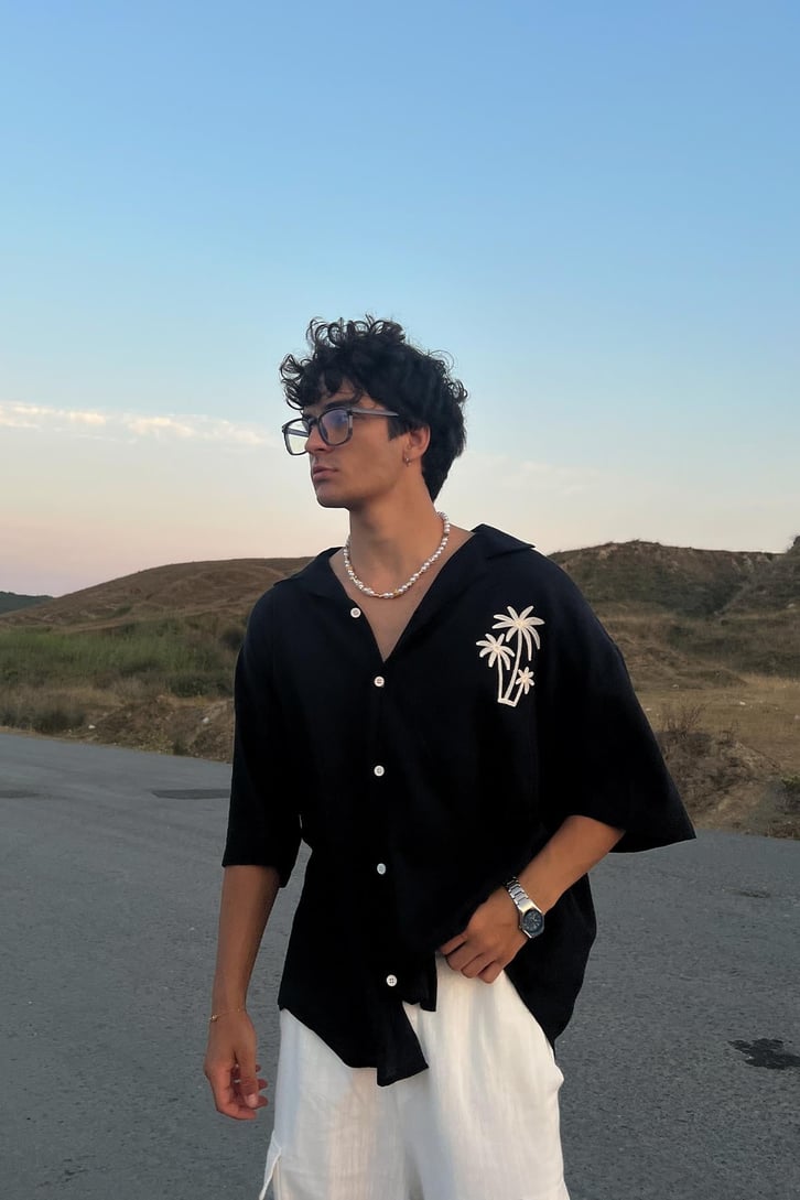 Palm Nakışlı Keten Kısa Kol Oversize Gömlek