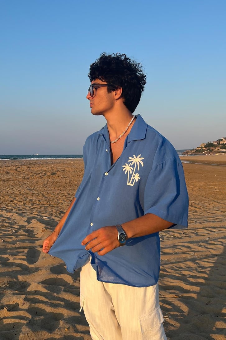 Palm Nakışlı Keten Kısa Kol Oversize Gömlek
