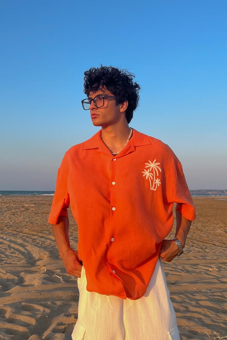 Palm Nakışlı Keten Kısa Kol Oversize Gömlek