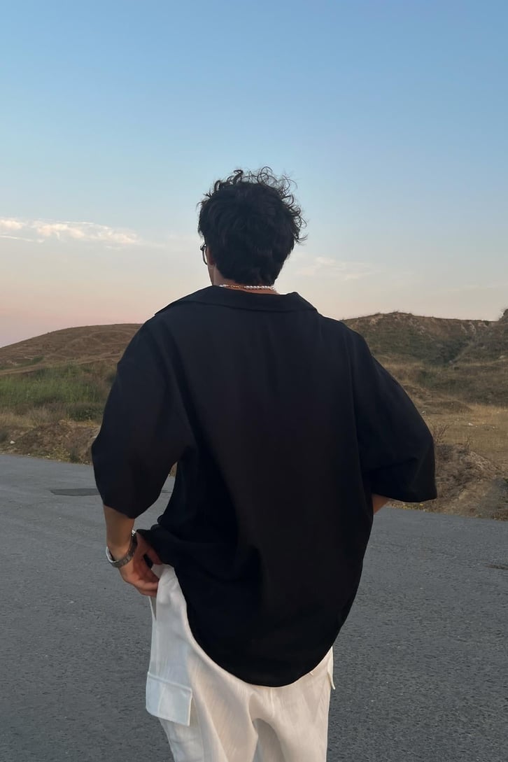Palm Nakışlı Keten Kısa Kol Oversize Gömlek