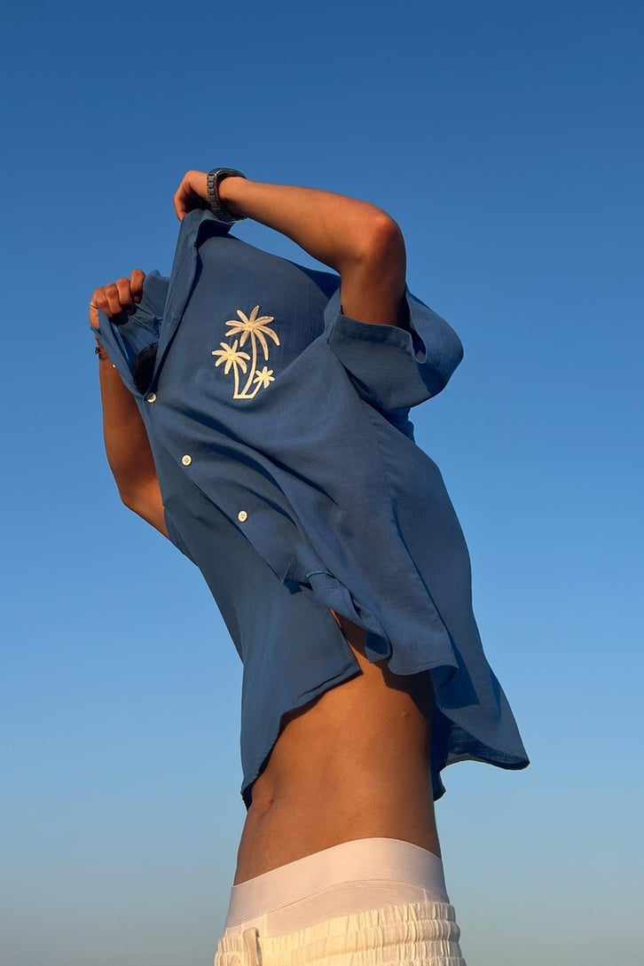 Palm Nakışlı Keten Kısa Kol Oversize Gömlek