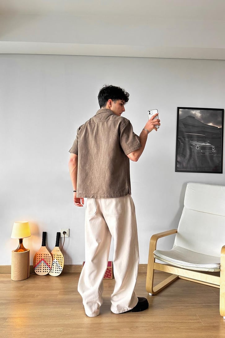 Palm Nakışlı Siyah Boxy Fit Gömlek