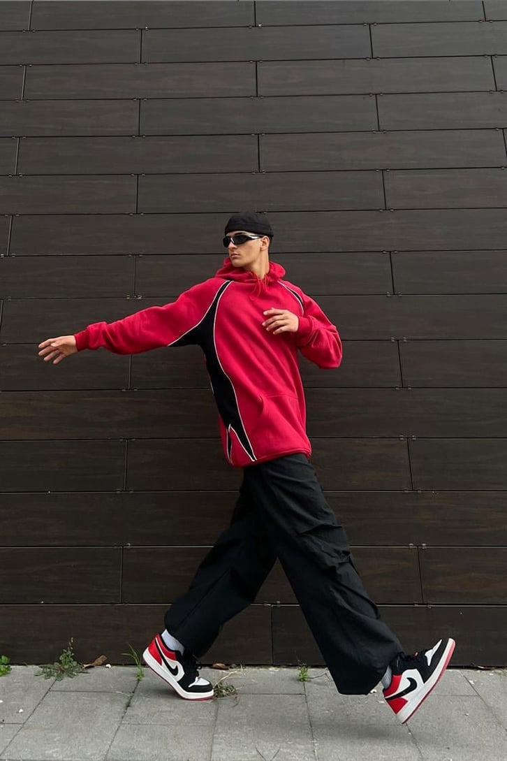Parçalı Kırmızı İçi Pamuklu Oversize Hoodie