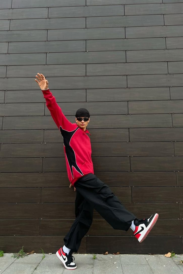 Parçalı Kırmızı İçi Pamuklu Oversize Hoodie