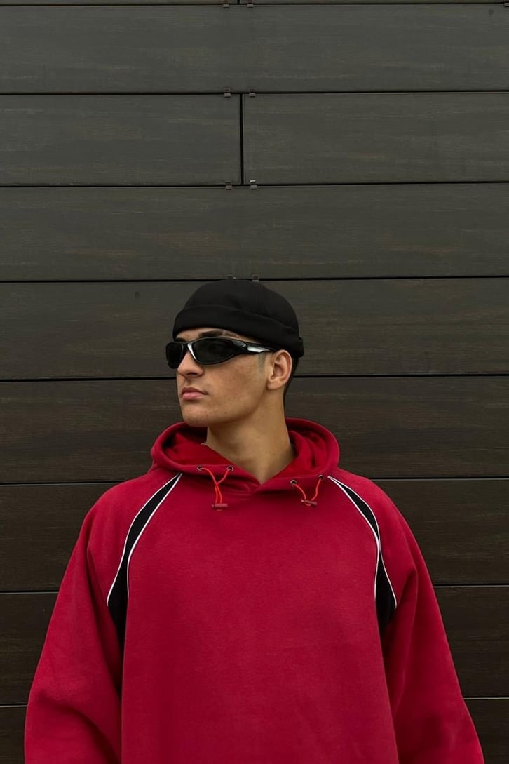 Parçalı Kırmızı İçi Pamuklu Oversize Hoodie