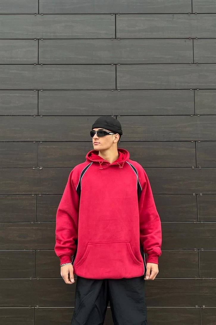 Parçalı Kırmızı İçi Pamuklu Oversize Hoodie