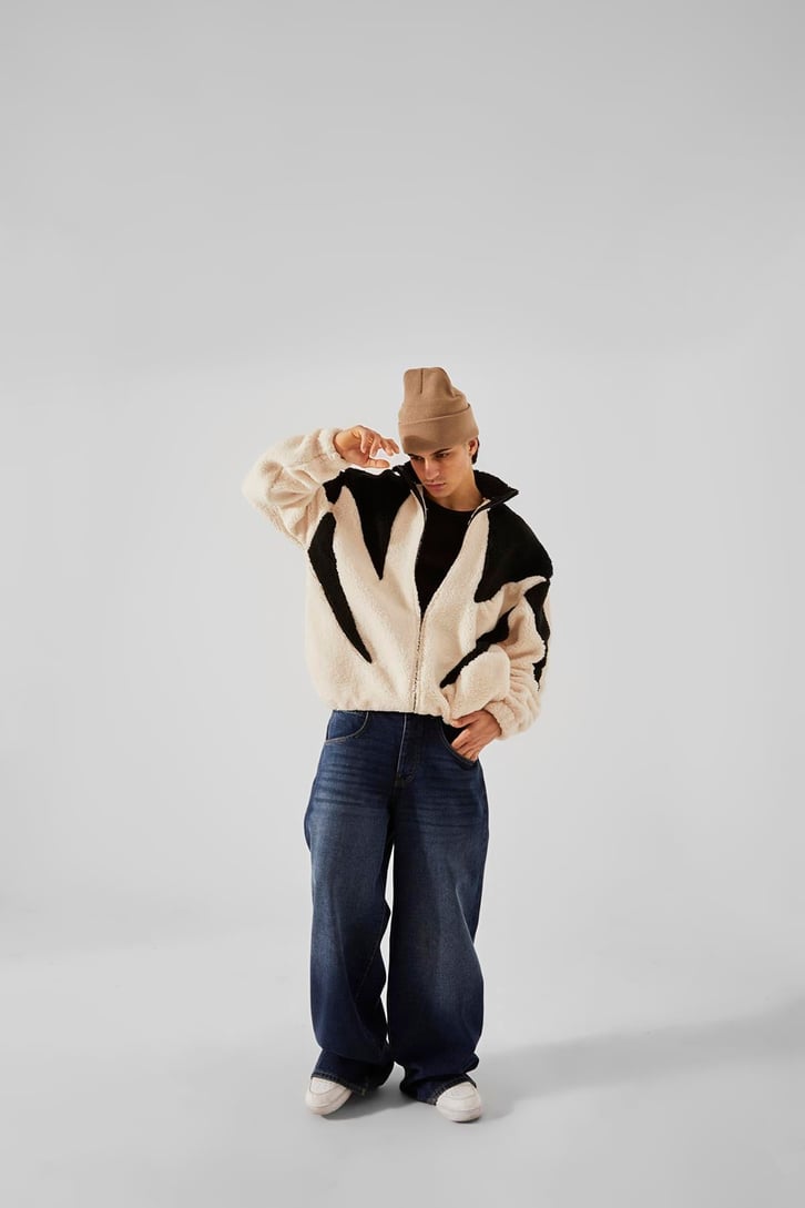 Parçalı Krem Peluş Ceket