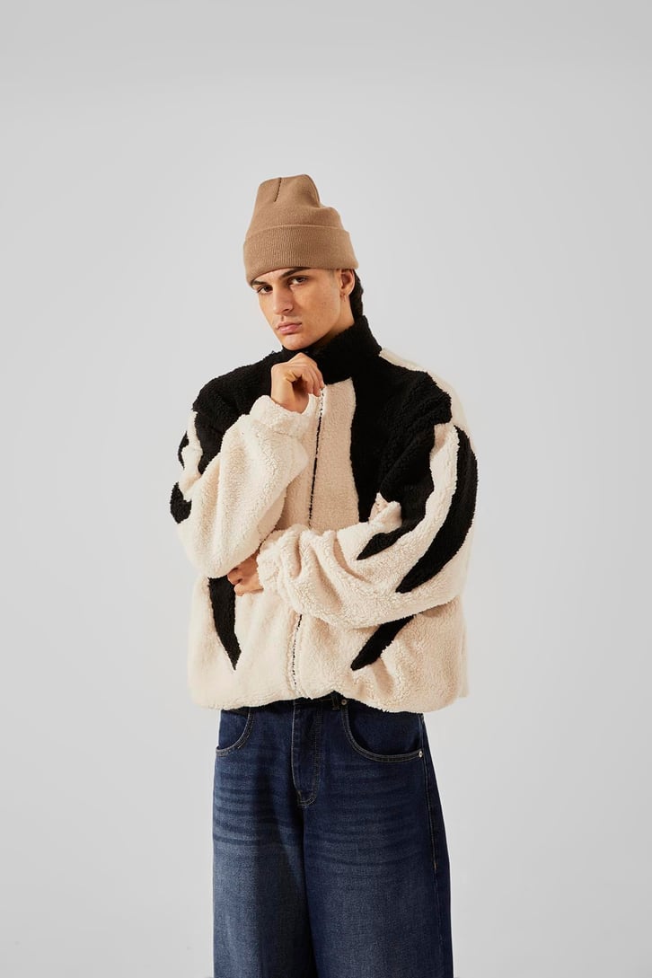 Parçalı Krem Peluş Ceket