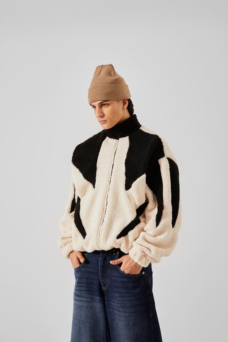Parçalı Krem Peluş Ceket