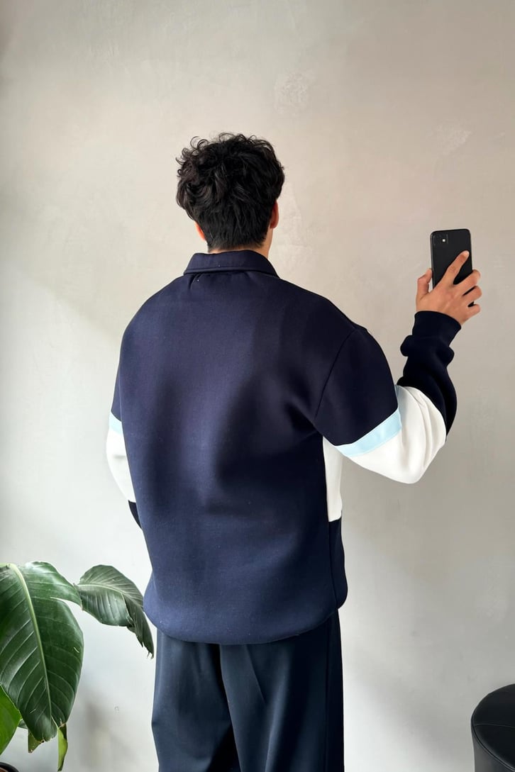 Parçalı Nakışlı Polo Yaka Sweatshirt