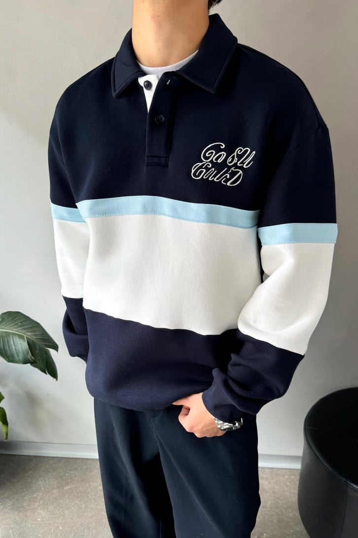 Parçalı Nakışlı Polo Yaka Sweatshirt