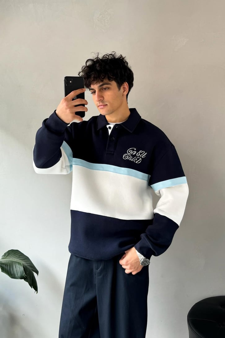 Parçalı Nakışlı Polo Yaka Sweatshirt