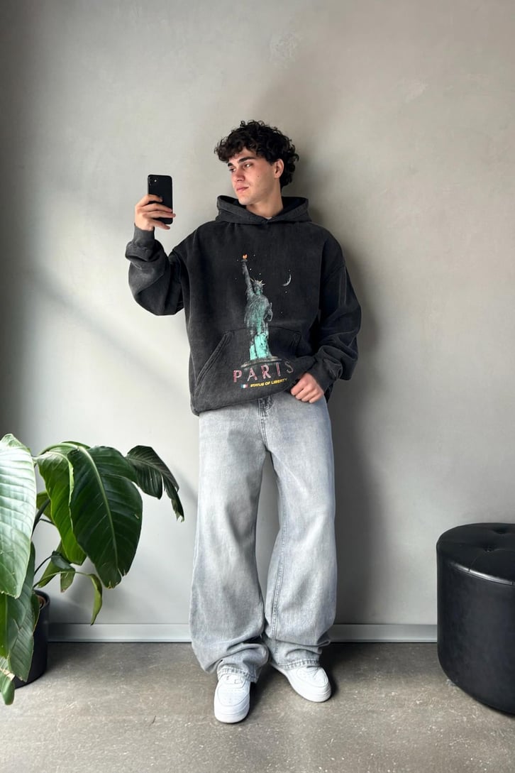 Paris Baskılı Oversize Hoodie